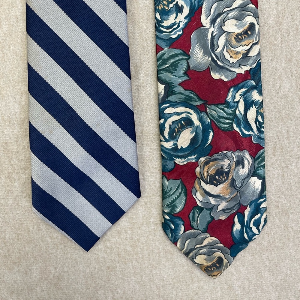 Pair of ties, navy silver striped and Red floral